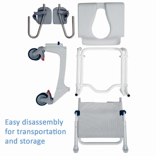 Aquatec Ocean Ergo XL Self Propel Shower Commode with Collection Pan, Lid, and Pan Support Guide Rail